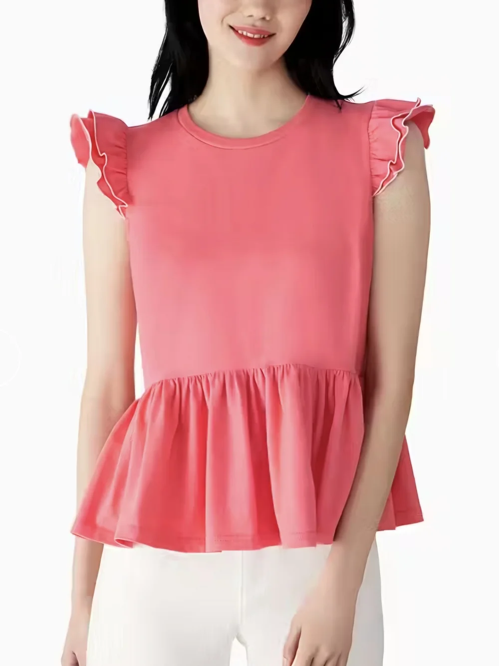 Kate Spade New York Cotton Peplum Ruffle Sleeve Tee Deep Dahlia Pink - S